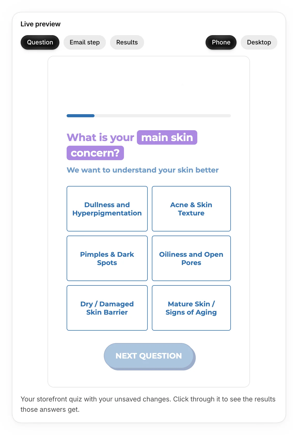 Live preview, showing the first question on a phone
