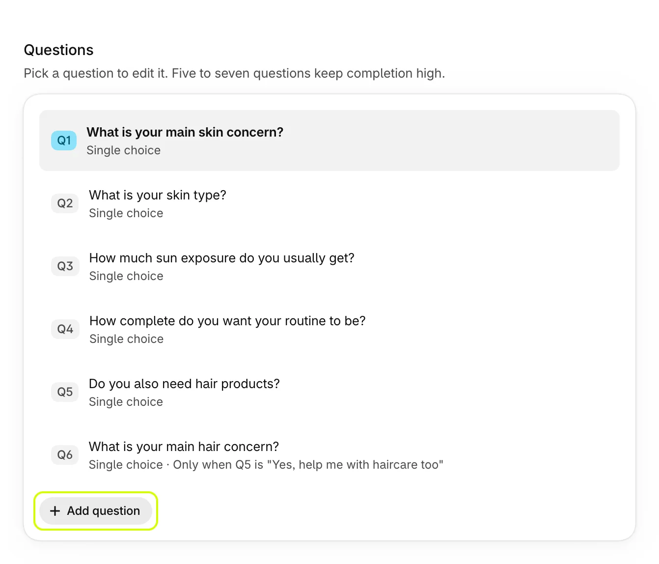 Questions, listing six questions, with Add question highlighted