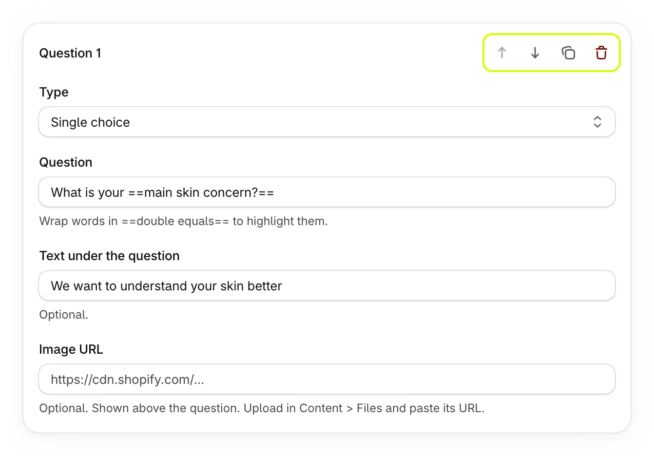 The question's Move up, Move down, Duplicate question and Delete question buttons