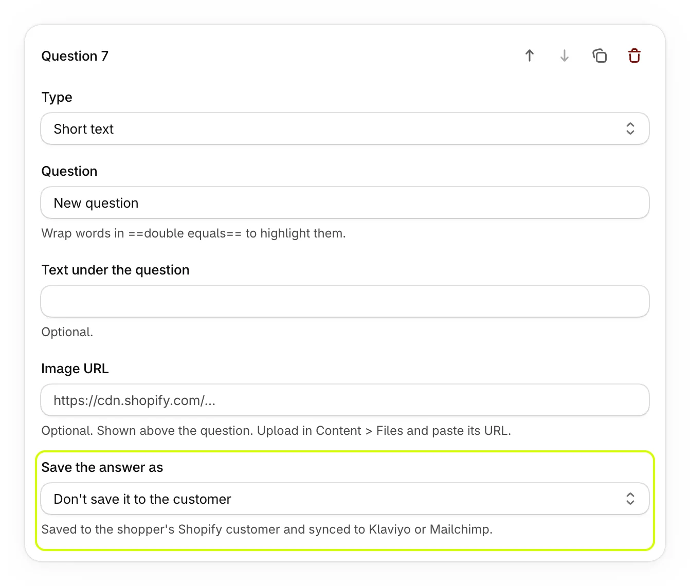 A Short text question with Save the answer as highlighted