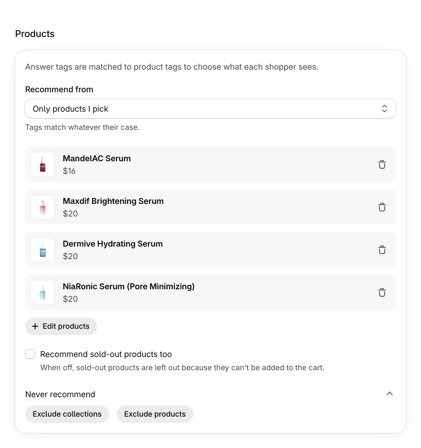 Never recommend open, with Exclude collections and Exclude products