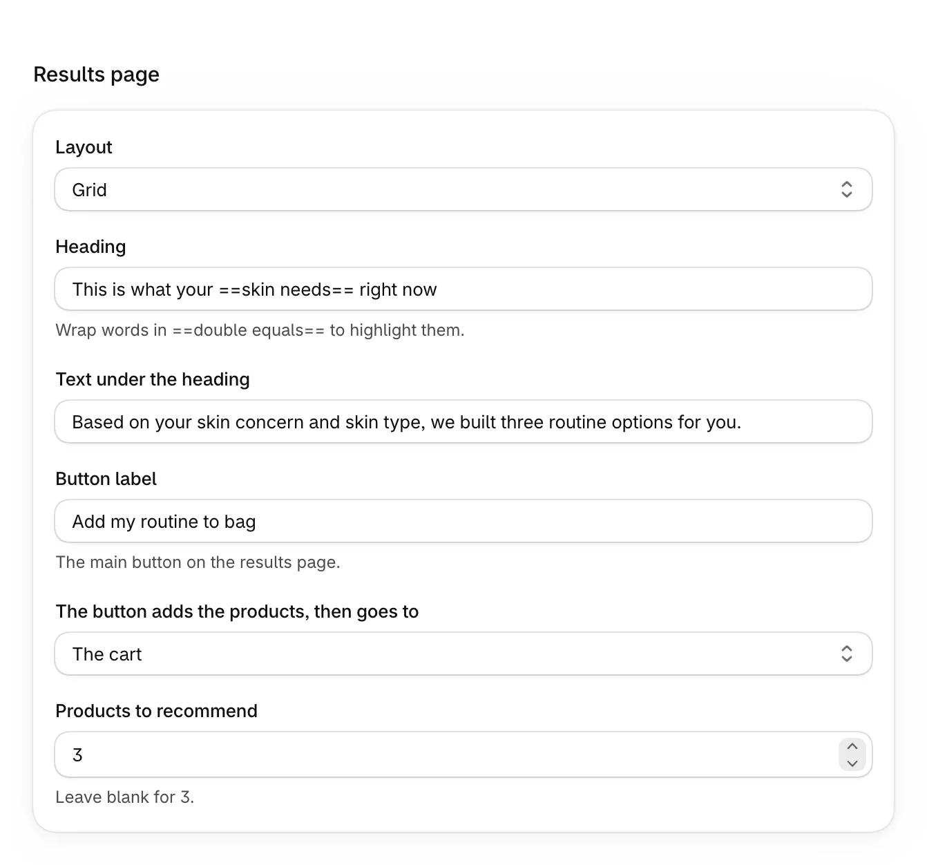 Results page, with Layout, Heading, Text under the heading, Button label, where the button goes and Products to recommend