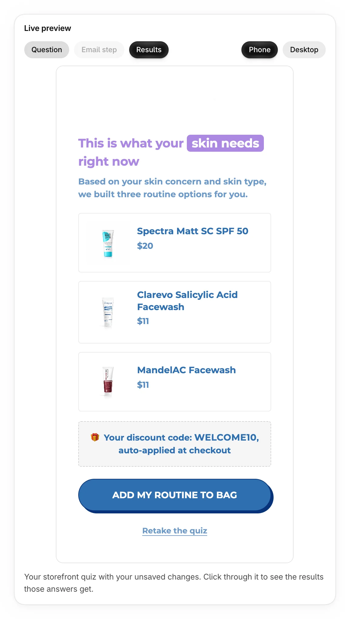 The preview on Results, showing three products in a grid, the discount code and Add my routine to bag