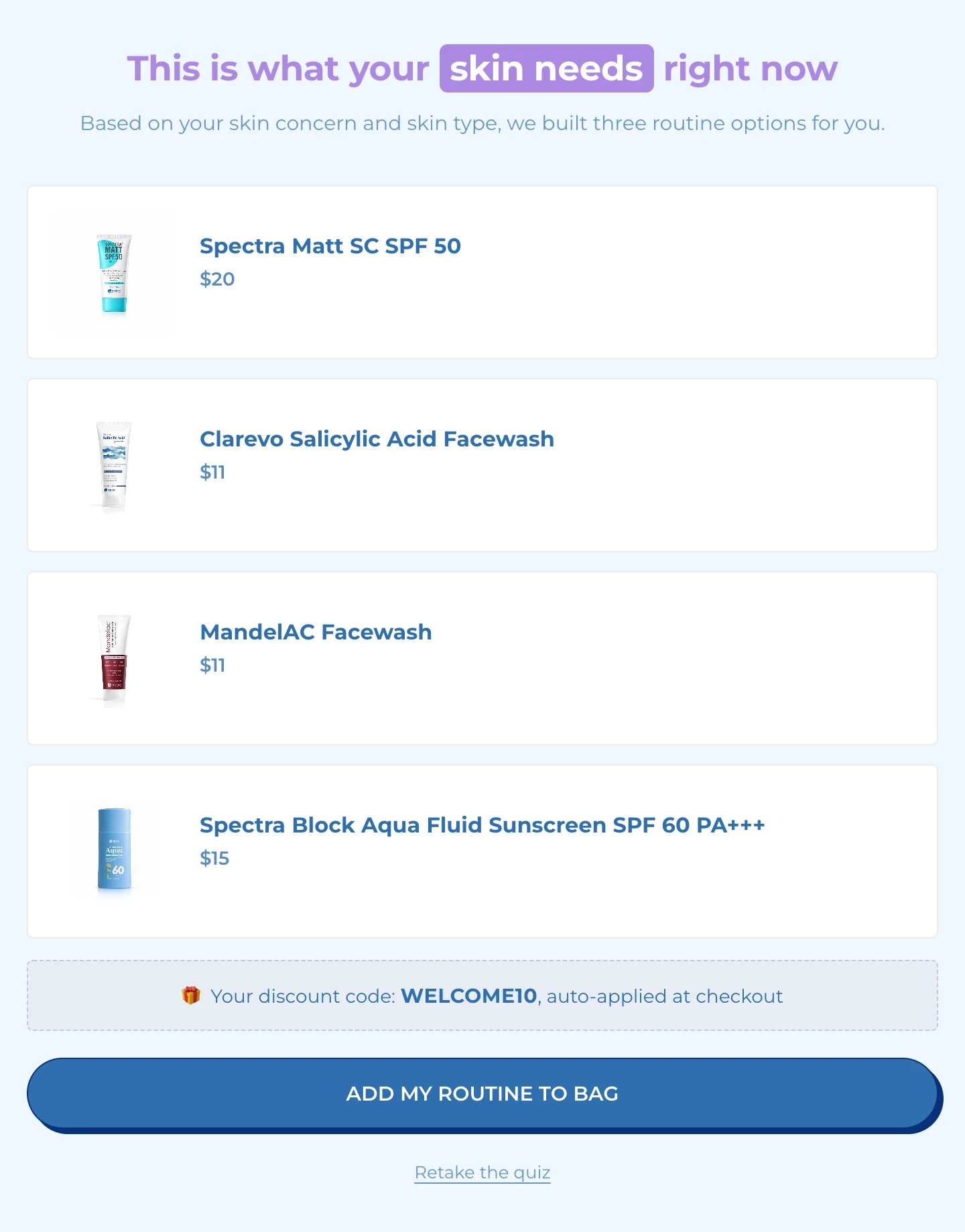 The Grid layout on the store, with a discount code above Add my routine to bag