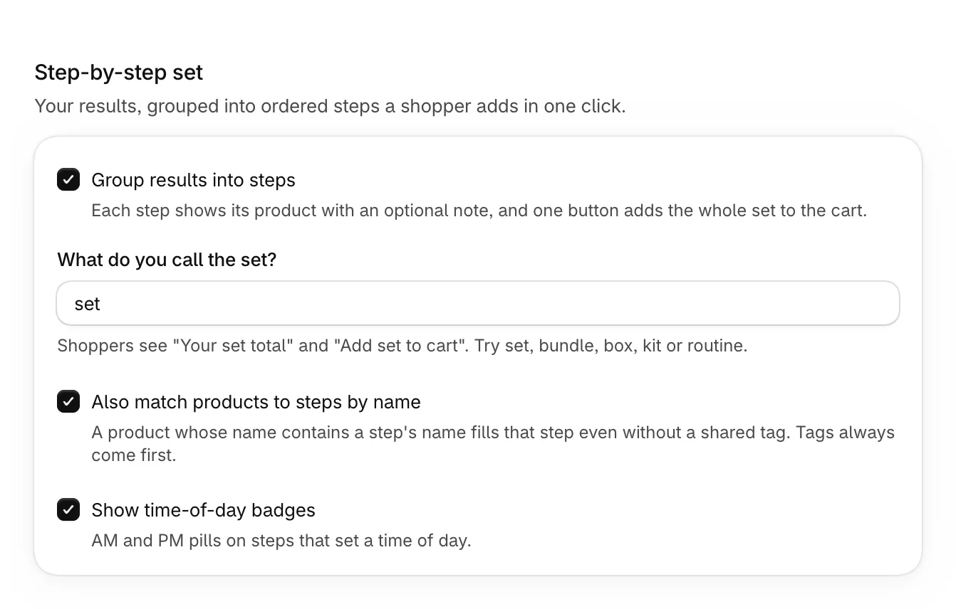 Step-by-step set: Group results into steps, What do you call the set?, matching by name and time-of-day badges