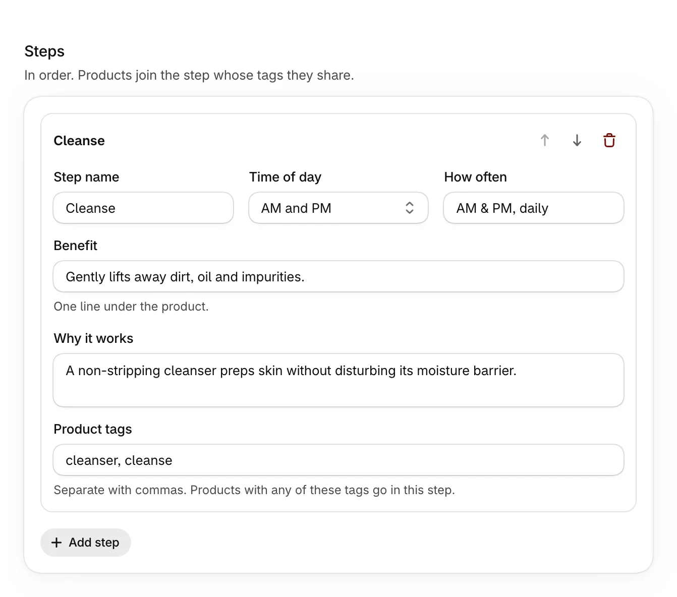 A step, Cleanse, with its name, time of day, how often, benefit, why it works and product tags