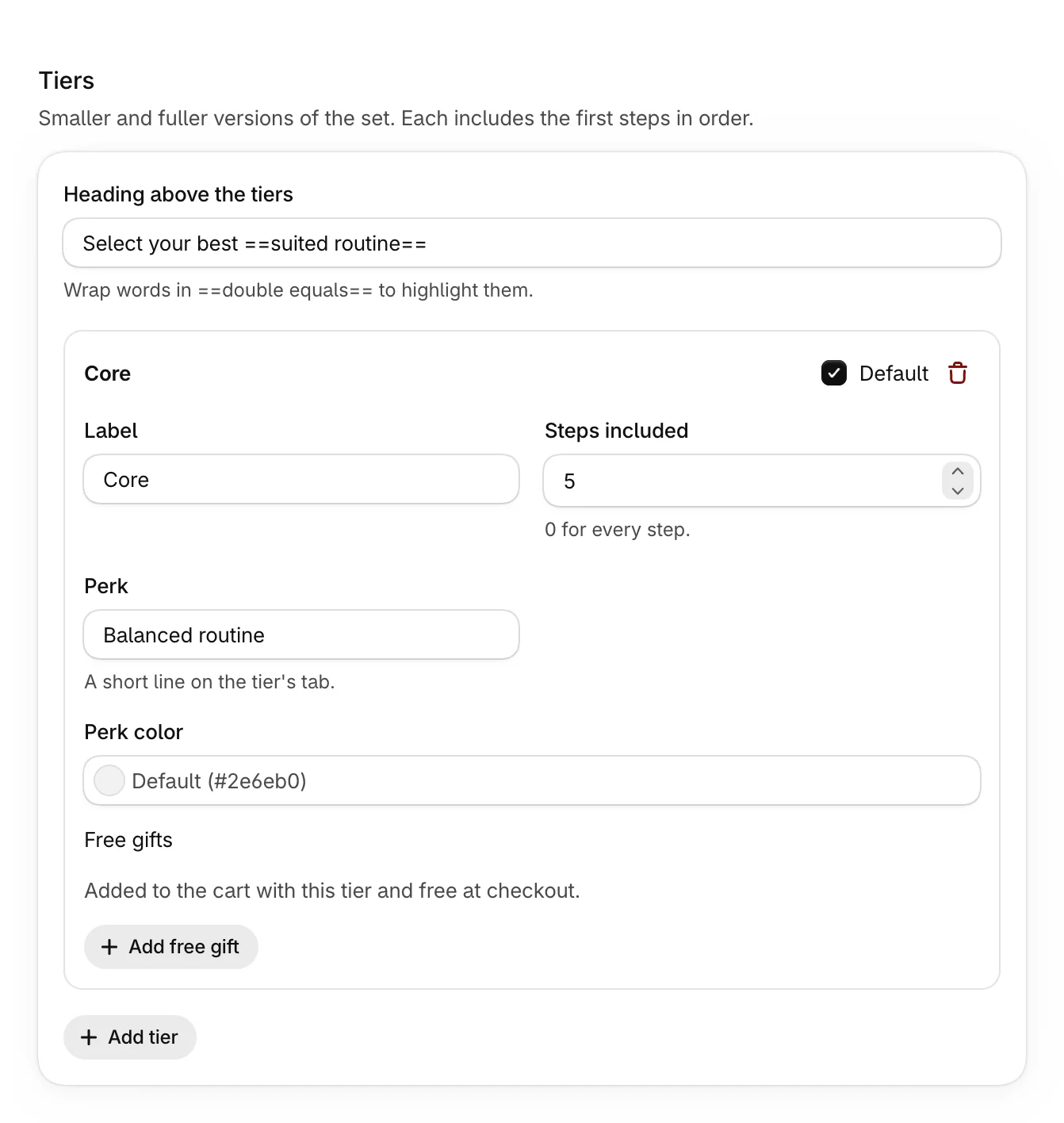 Tiers: Heading above the tiers, and the Core tier with Default ticked