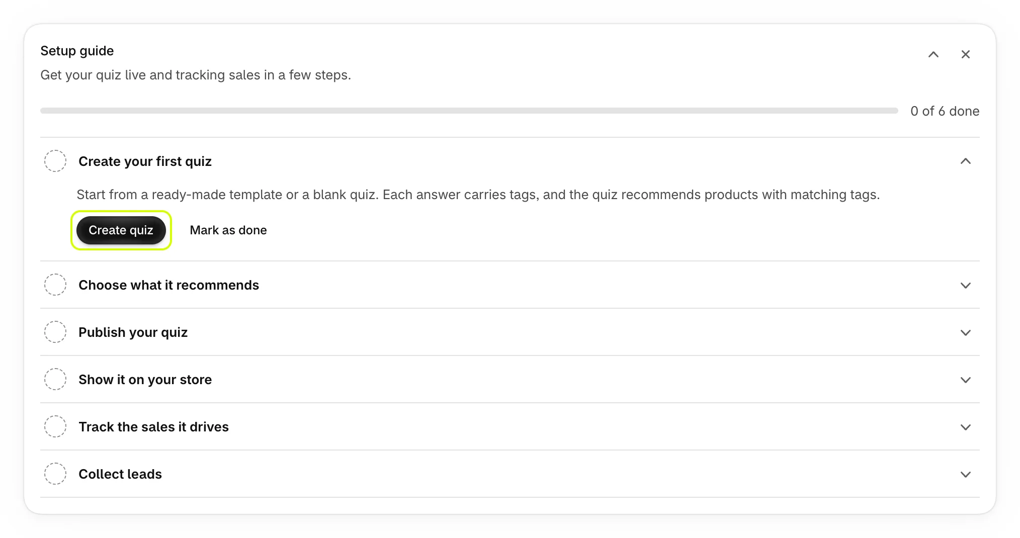The Create your first quiz step with Create quiz highlighted