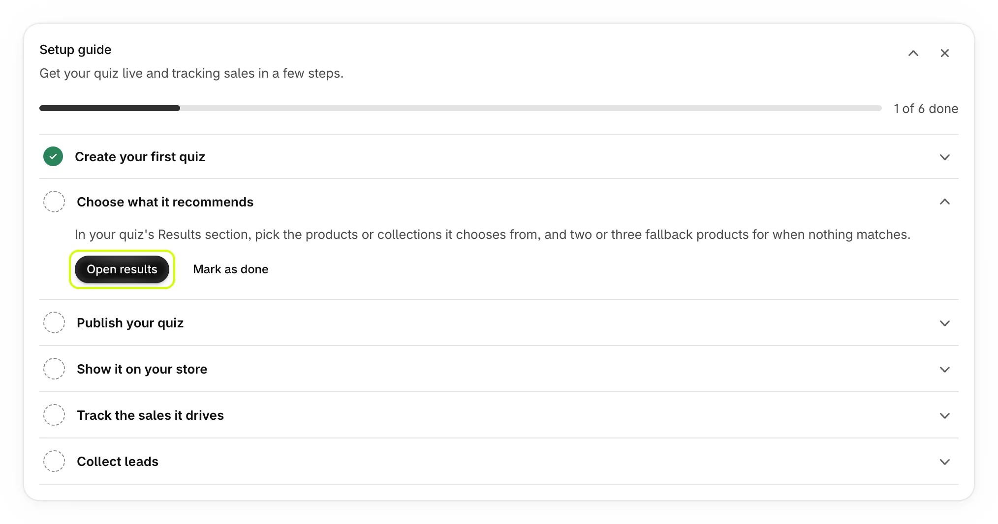 The Choose what it recommends step with Open results highlighted