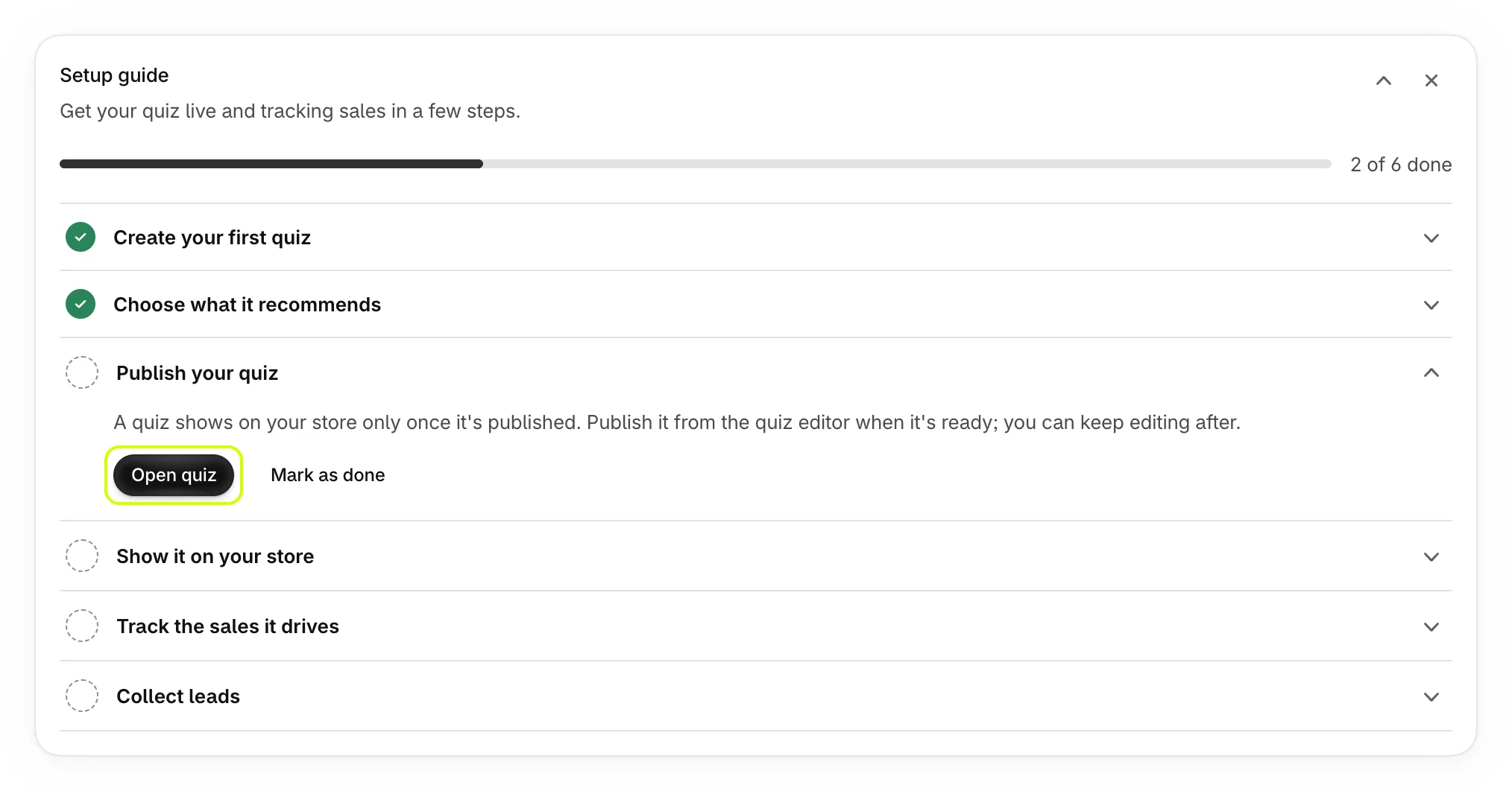 The Publish your quiz step with Open quiz highlighted