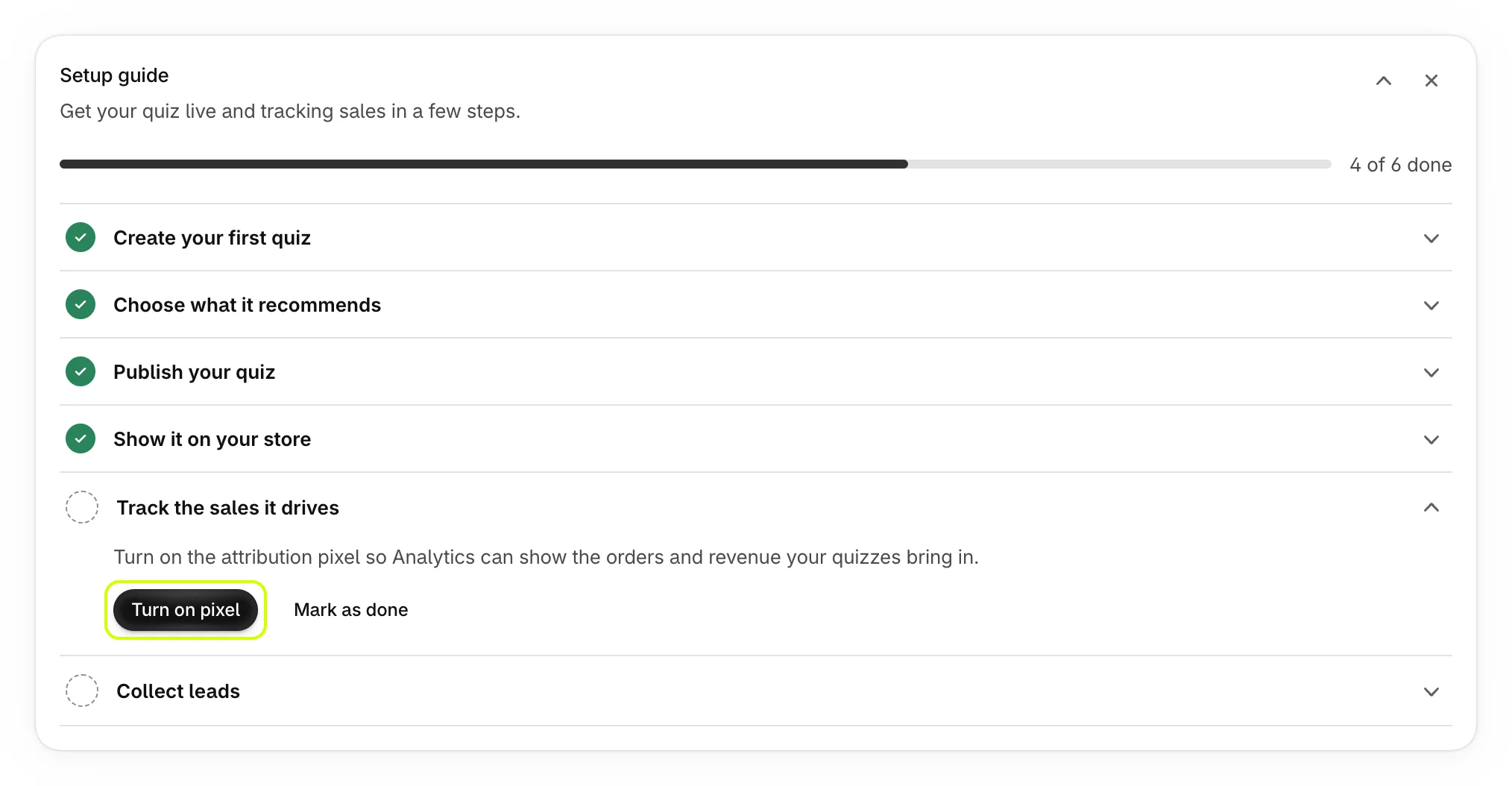 The Track the sales it drives step with Turn on pixel highlighted