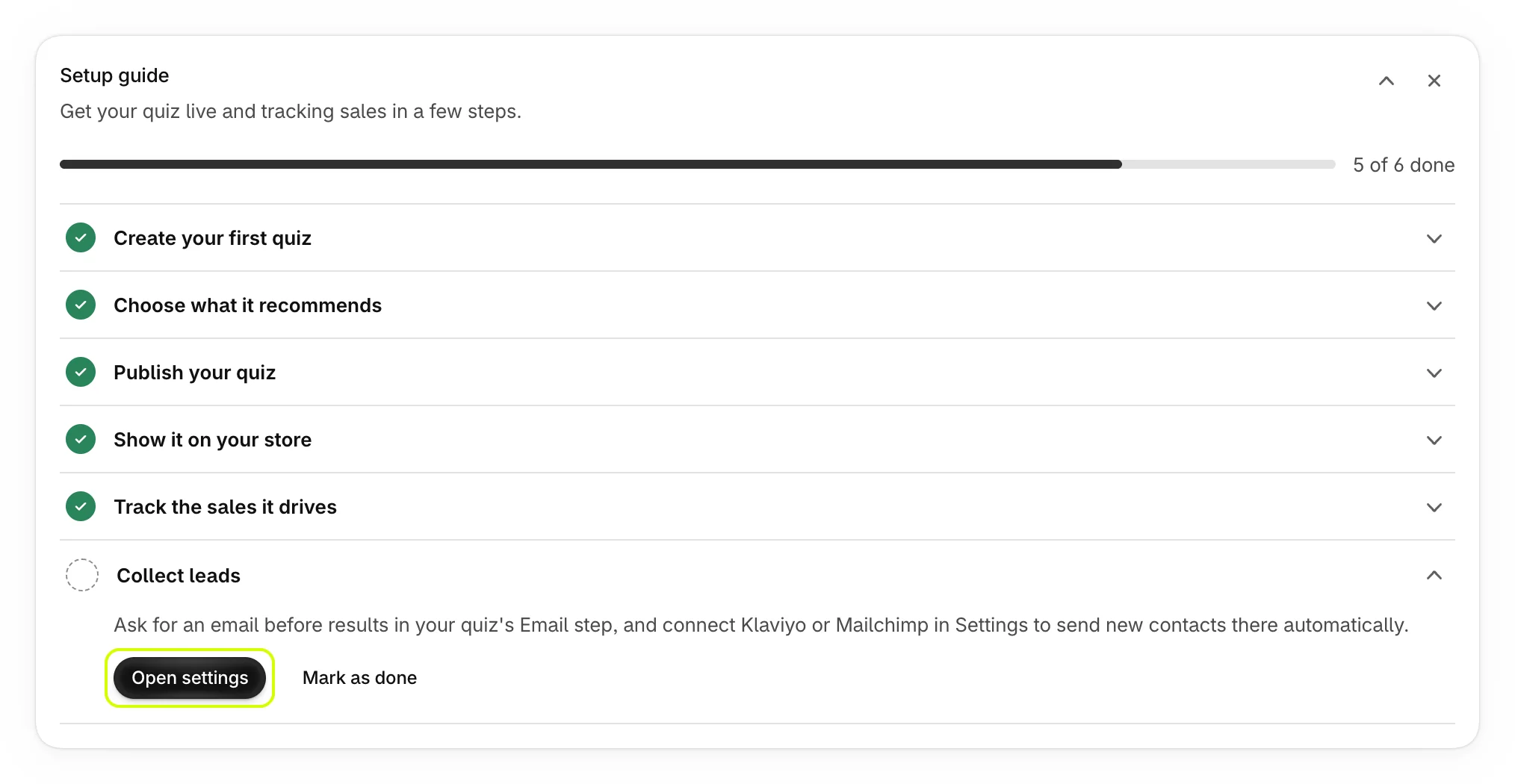The Collect leads step with Open settings highlighted