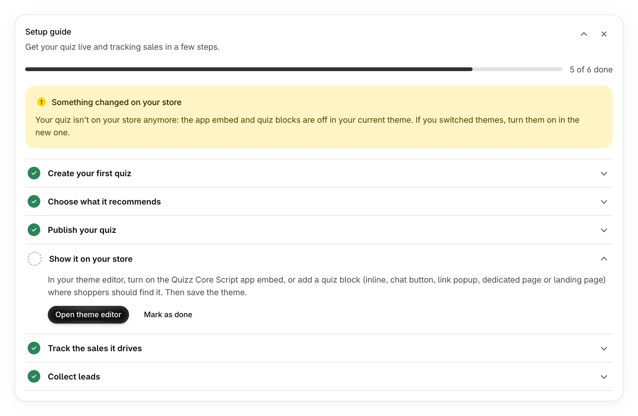 The guide back at 5 of 6 done, with Something changed on your store above the reopened step