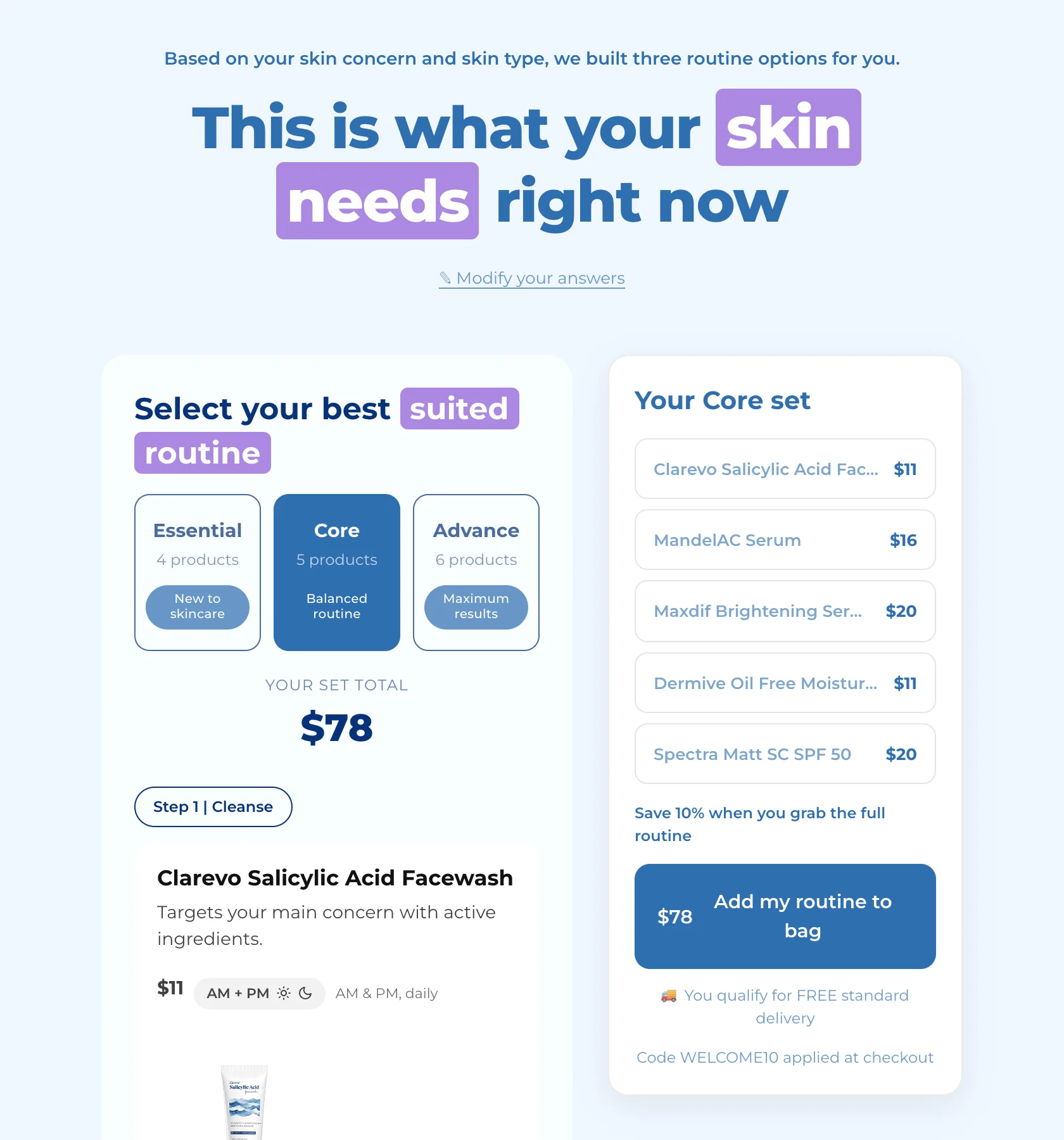A skincare set on the store: tiers, the total and the first step, beside the Your Core set summary