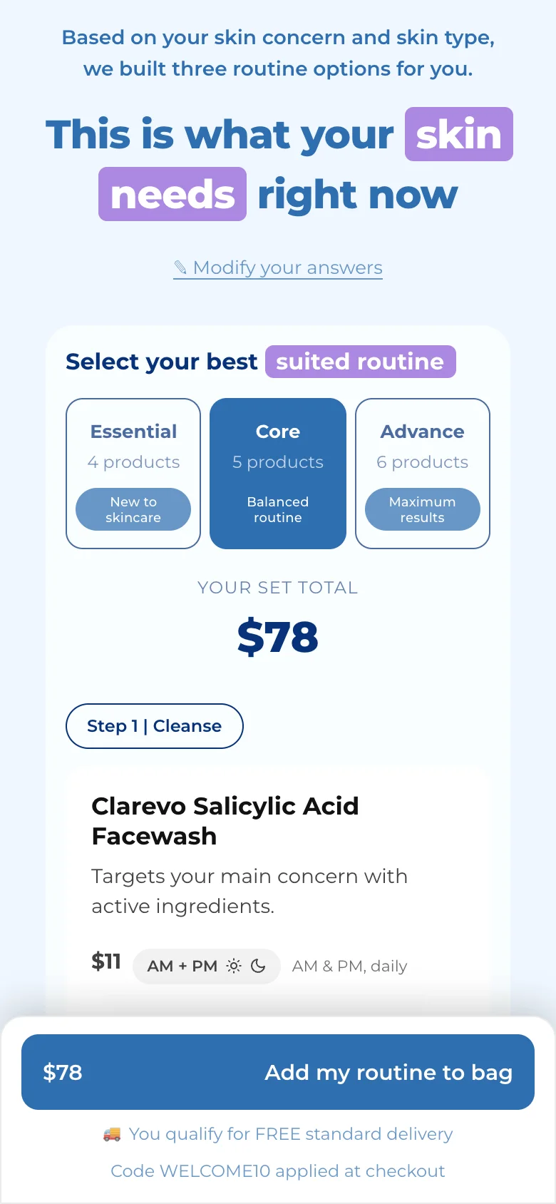 The same set on a phone, with the total and Add my routine to bag pinned at the bottom