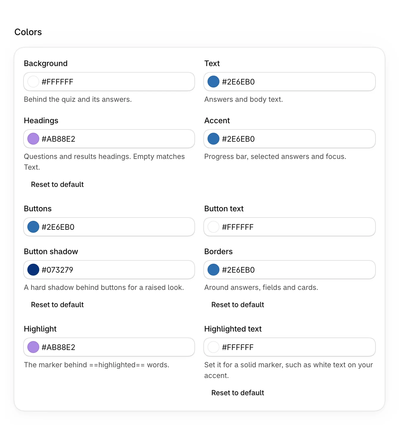 Colors: Background, Text, Headings, Accent, Buttons, Button text, Button shadow, Borders, Highlight and Highlighted text
