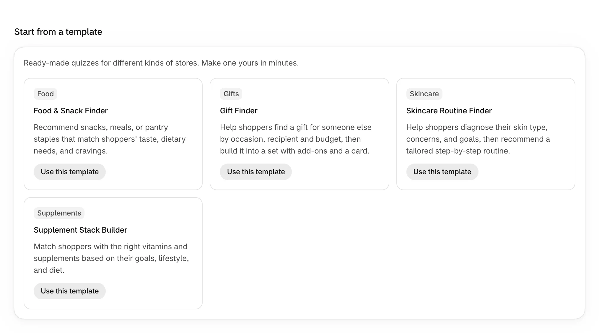 Start from a template on the Quizzes page, with the four templates