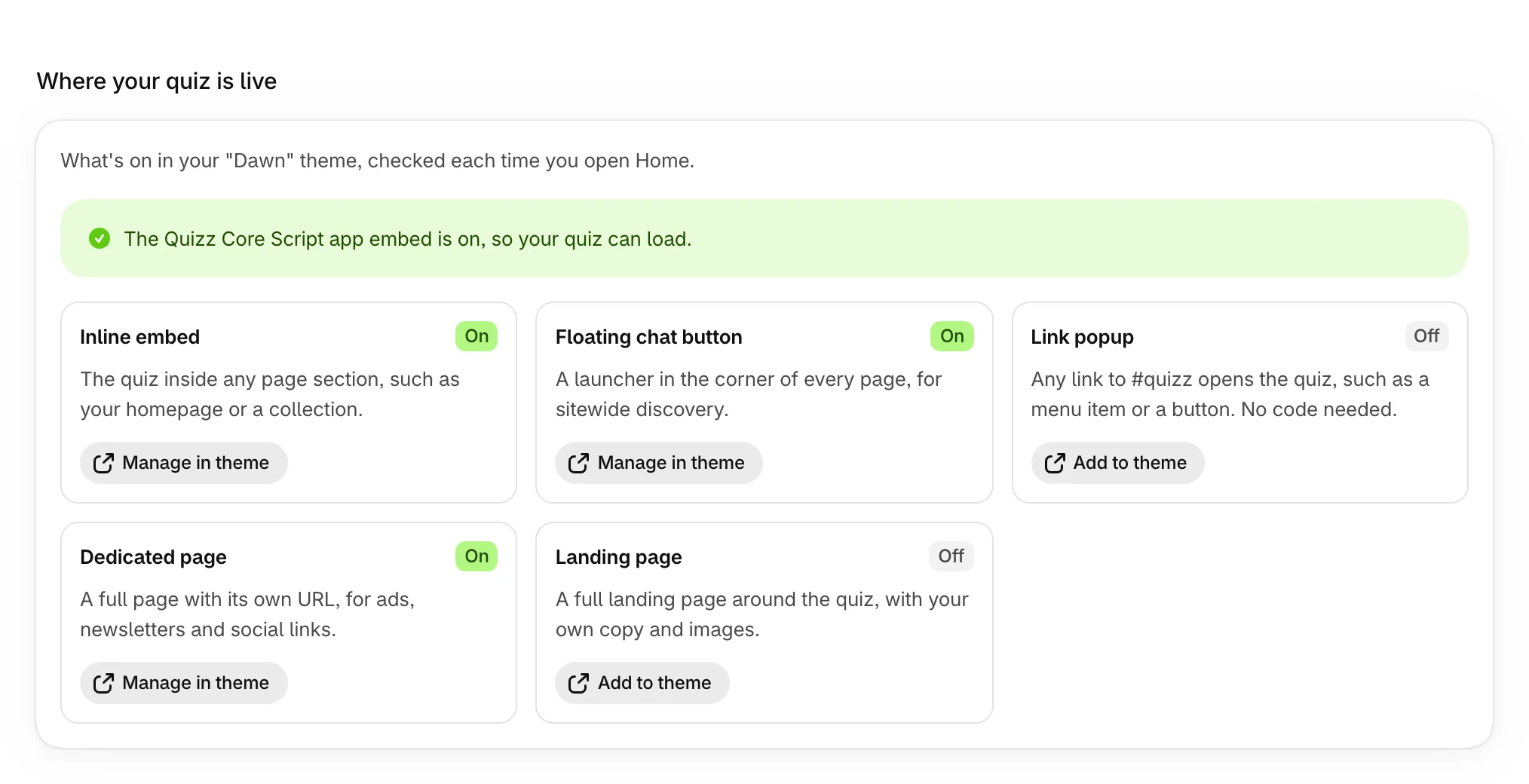Where your quiz is live, with Inline embed, Floating chat button and Dedicated page on