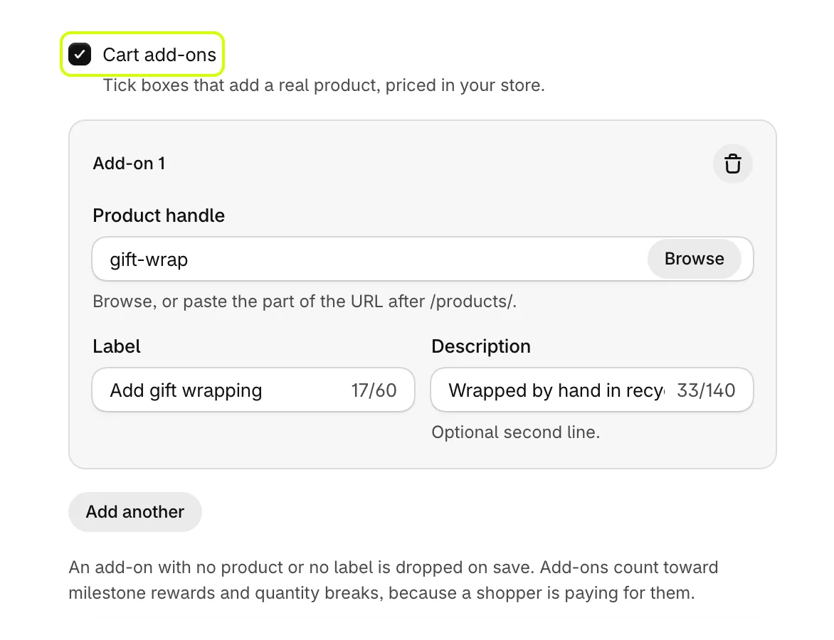 Cart add-ons turned on, with one add-on set to the gift wrap product