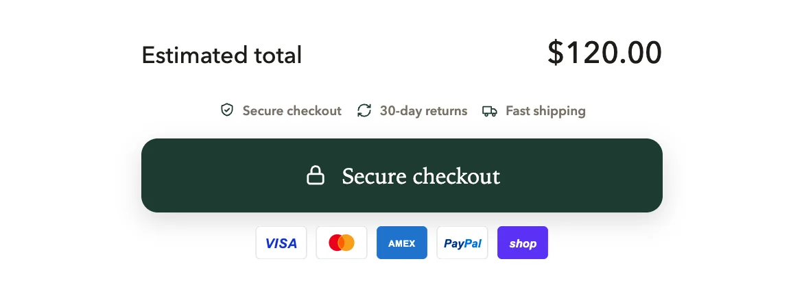 The checkout area in the cart: total, trust badges, checkout button and payment icons