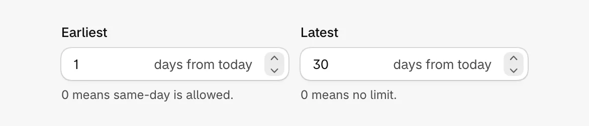 Earliest and Latest in days from today