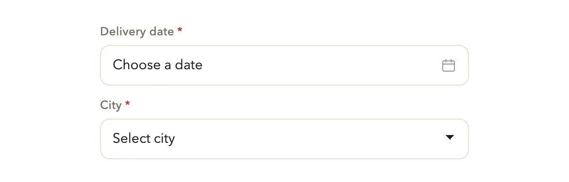The Delivery date and City questions in the cart, both required