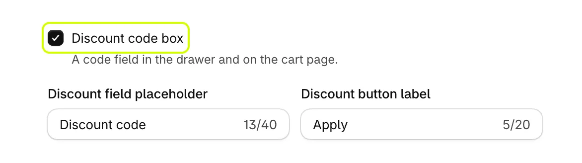 Discount code box with Discount field placeholder and Discount button label