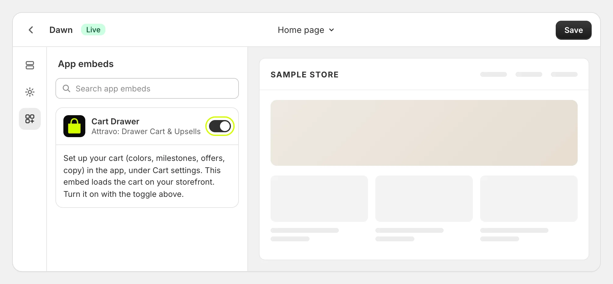 The theme editor's App embeds panel with the Cart Drawer switch turned on