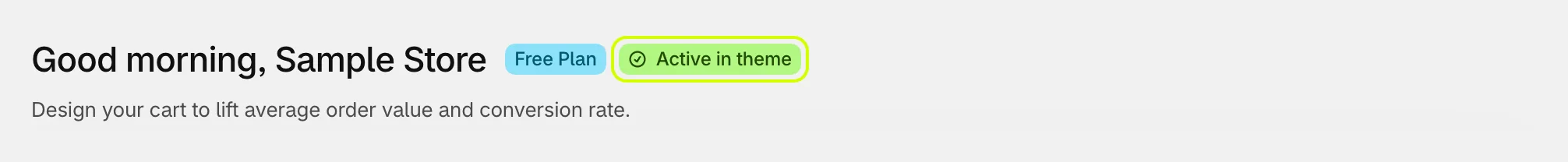 Cart settings header with the Active in theme badge highlighted
