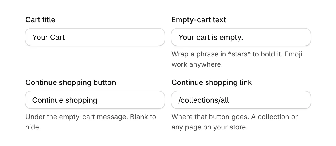 Cart title, Empty-cart text, Continue shopping button and Continue shopping link