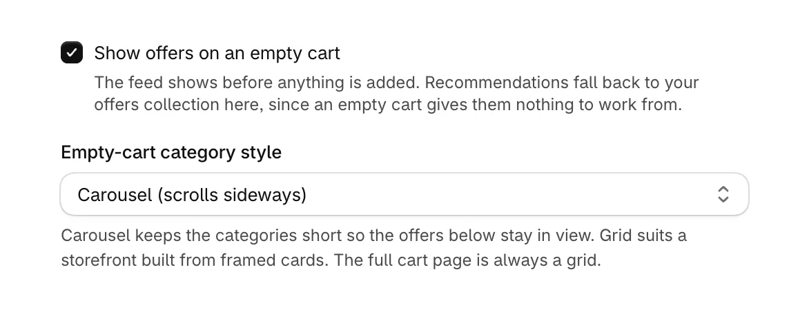 Show offers on an empty cart and Empty-cart category style