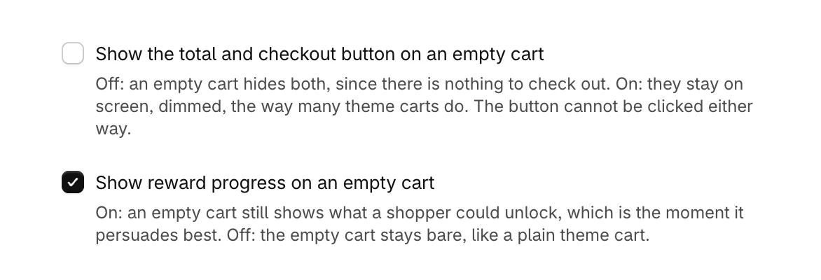 Show the total and checkout button on an empty cart, and Show reward progress on an empty cart