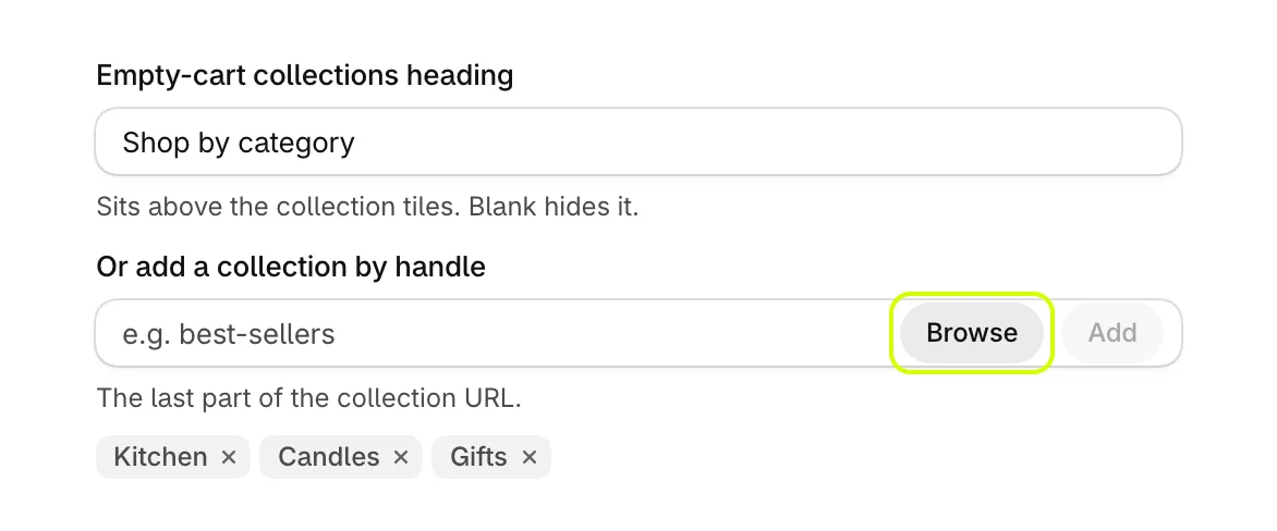 Empty-cart collections heading and Or add a collection by handle, with three collections added