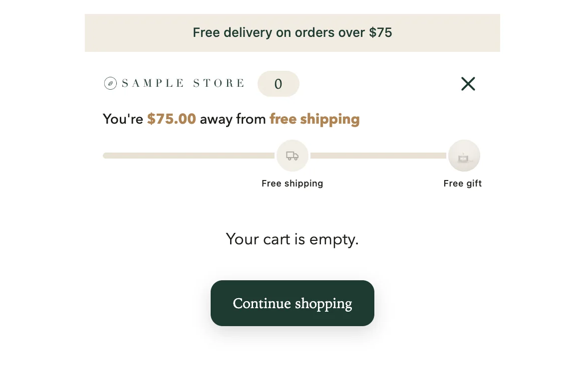 An empty cart with the reward bar, Your cart is empty. and a Continue shopping button