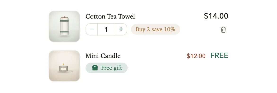 A free gift's line in the cart, priced FREE with its normal price struck through