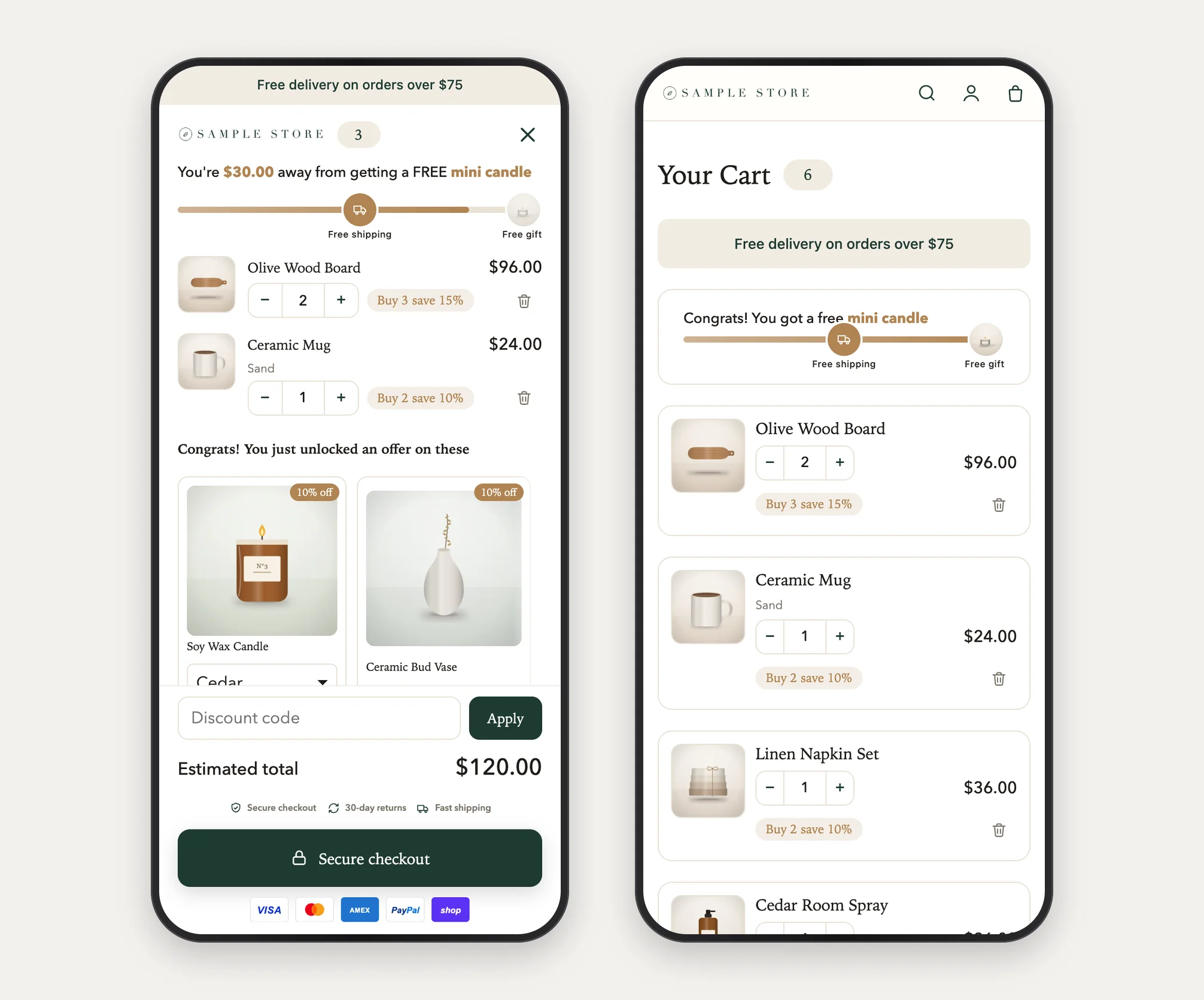 The cart drawer and the full cart page on phones