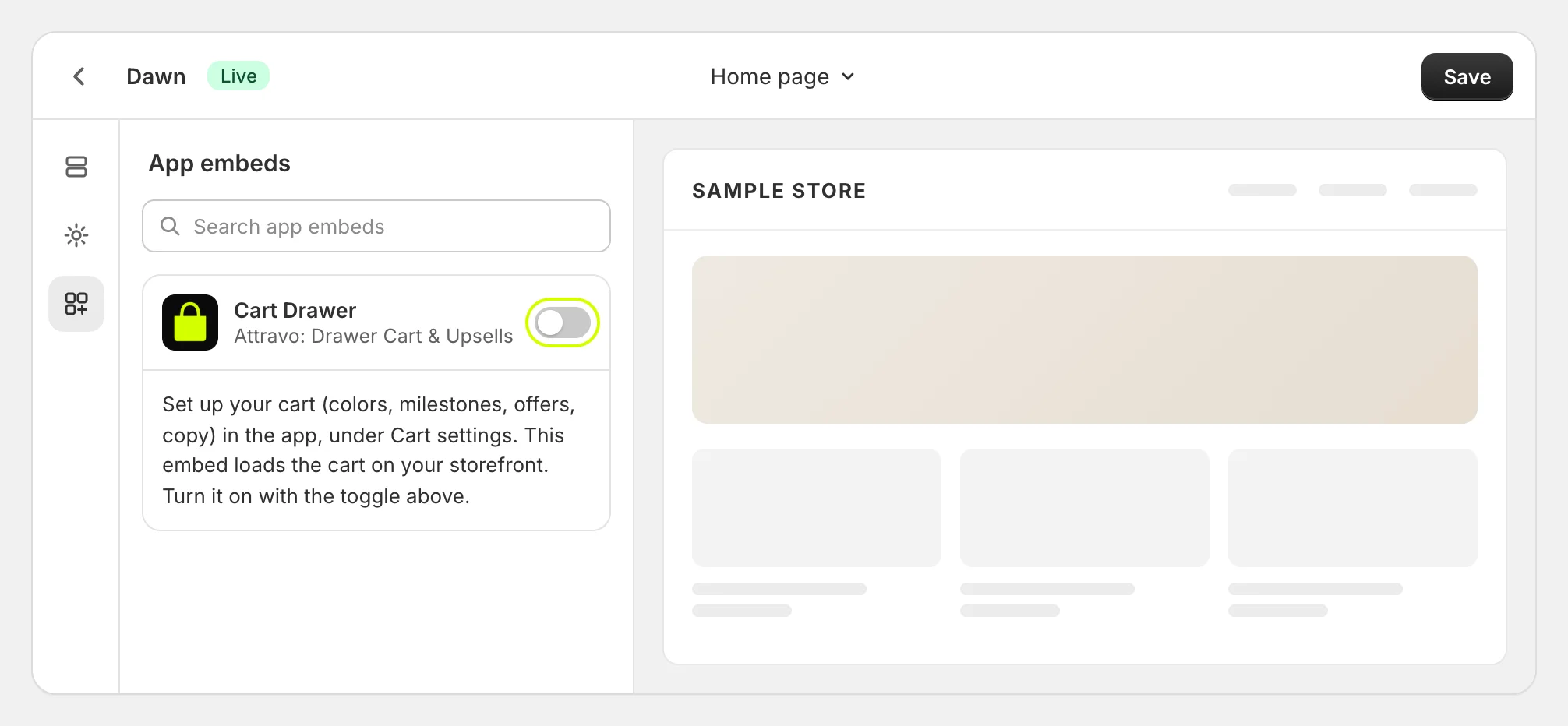 The theme editor's App embeds panel with the Cart Drawer switch off
