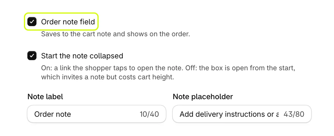 Order note field, Start the note collapsed, Note label and Note placeholder