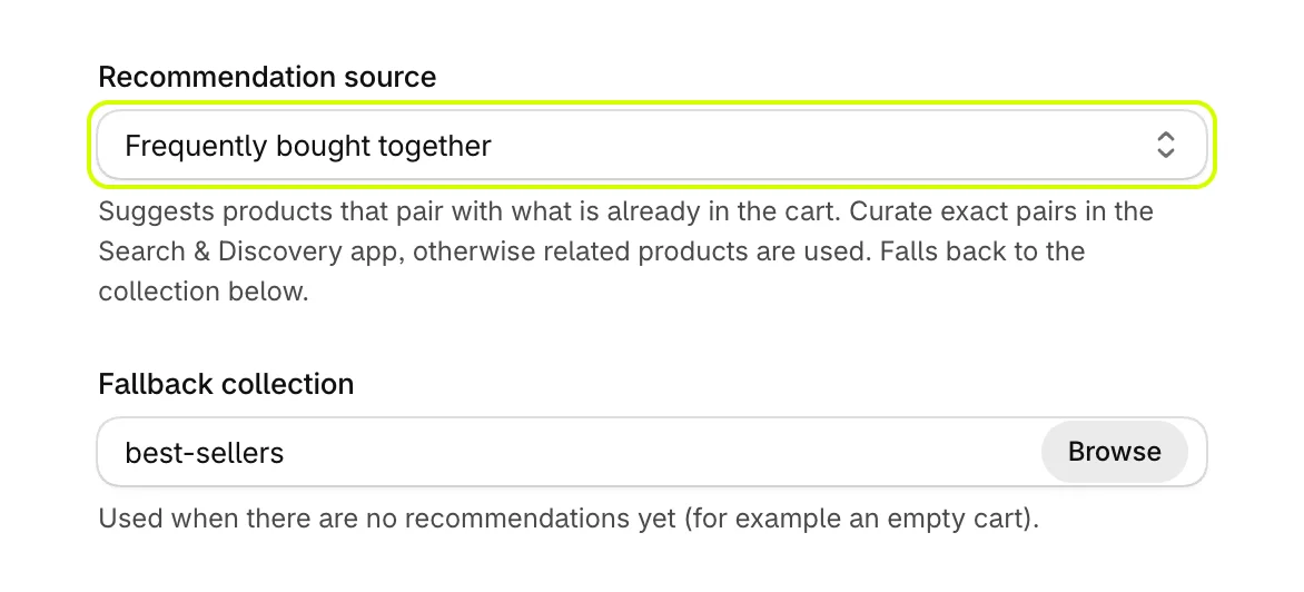 Recommendation source set to Frequently bought together, with a Fallback collection