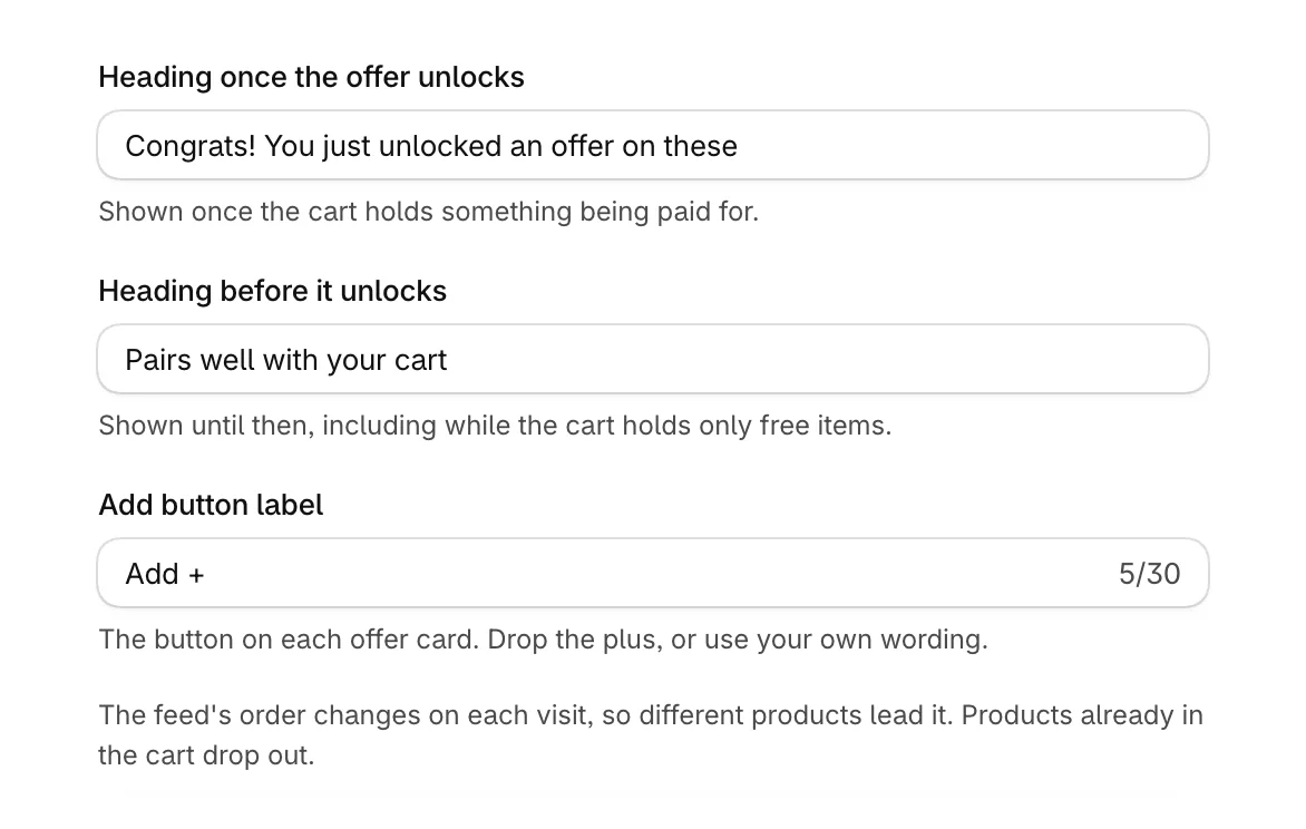 Heading once the offer unlocks, Heading before it unlocks and Add button label