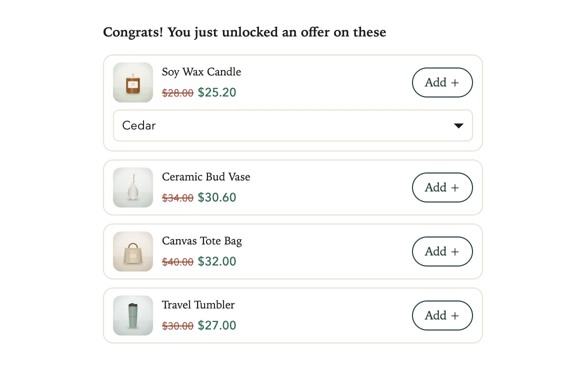 Four offers as compact rows, each with an Add button