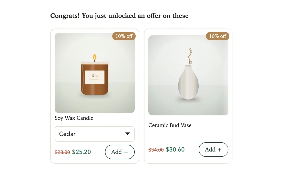 Two offer cards, each 10% off, with Add buttons