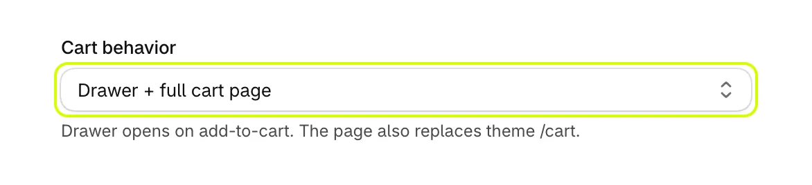 Cart behavior set to Drawer + full cart page