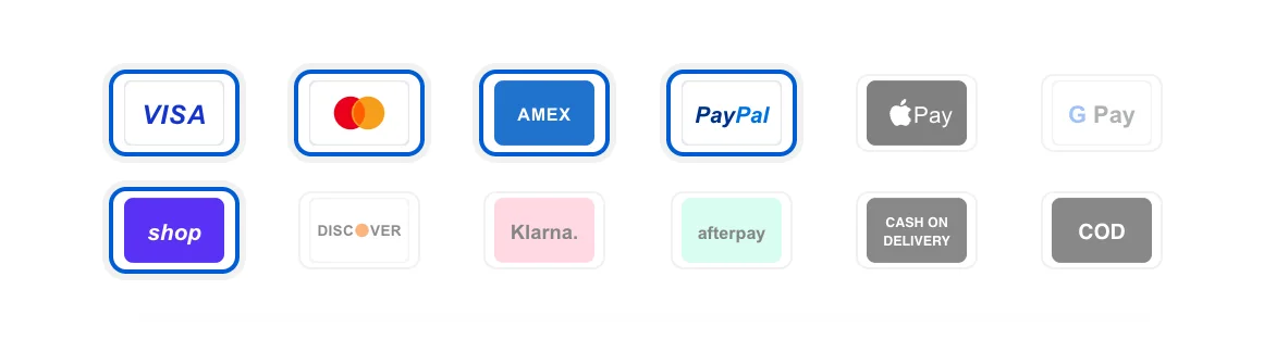 The payment icon picker with Visa, Mastercard, American Express, PayPal and Shop Pay selected
