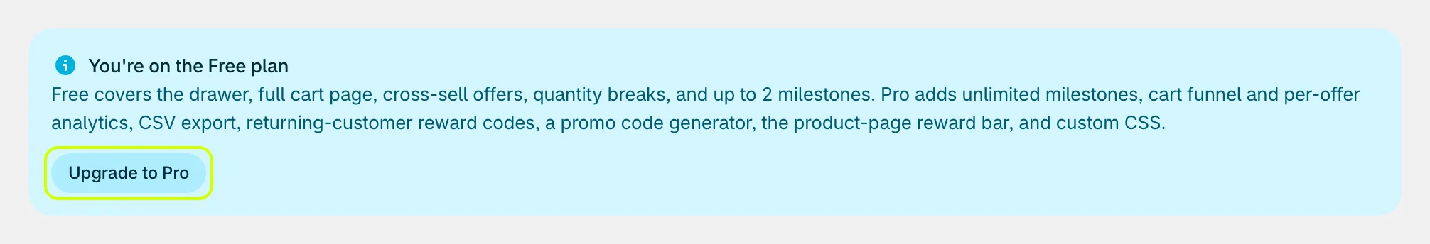 The Free plan note on Cart settings with Upgrade to Pro