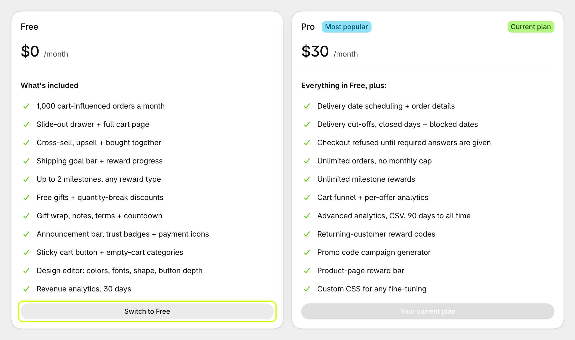 The Free and Pro plans on Pro, with Switch to Free highlighted