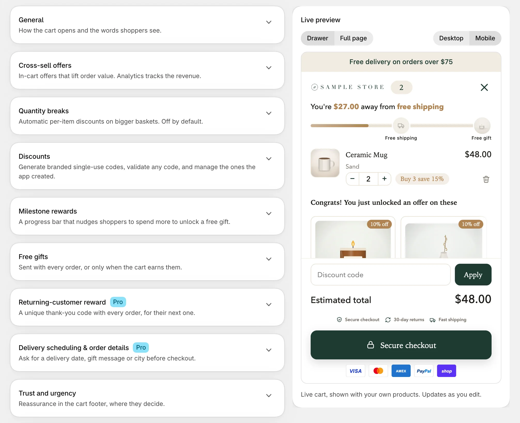 Cart settings with its sections on the left and Live preview showing the cart drawer on the right