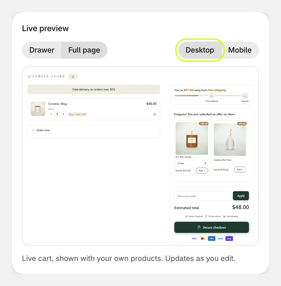 Live preview showing the full cart page at computer width, with Desktop selected