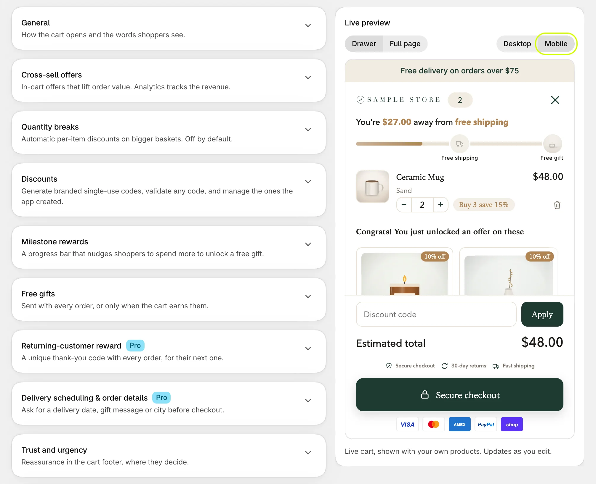 Cart settings with Live preview at phone width, and Mobile highlighted