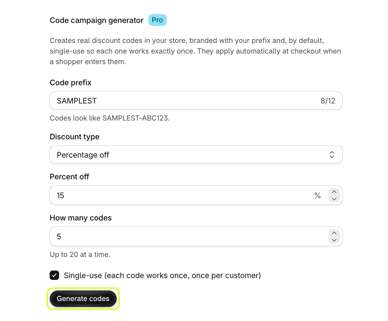 The code campaign generator with Generate codes highlighted